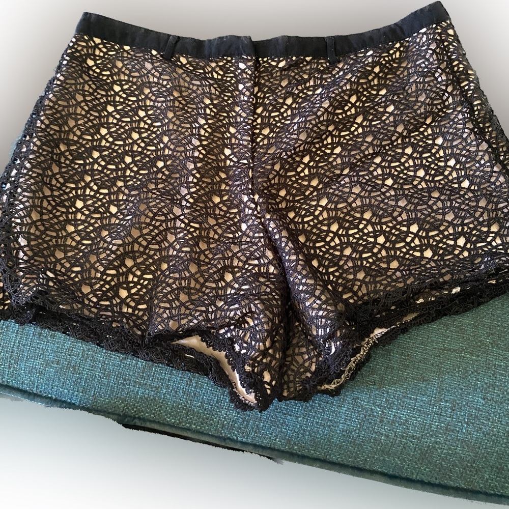 Ladies black nude and lace belted shorts Gothic contempo  eyelet pinup
